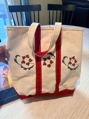 L.L. Bean Cream Canvas Tote with Red Trim and Blue Floral Accents Vintage